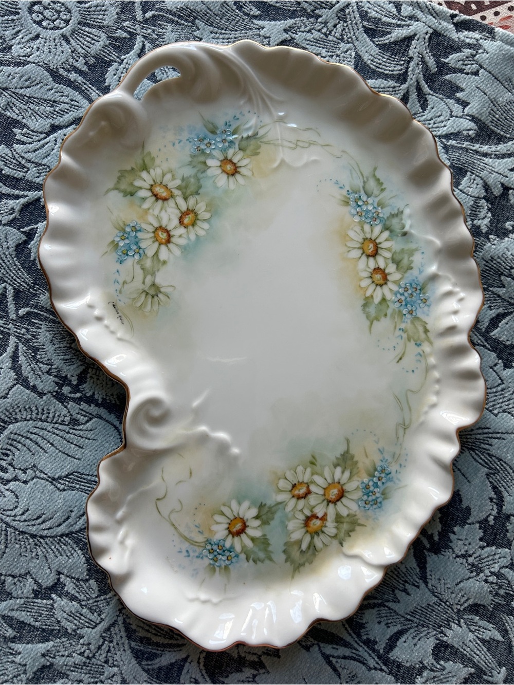 Large 12.5” Vintage Hand Painted Porcelain Daisy Serving Plate | Vanity Tray